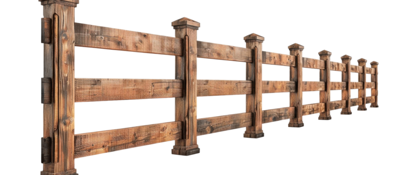 3D of a high wooden privacy fence with vertical planks and sturdy posts