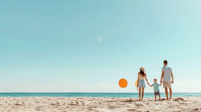 A family is walking on the beach. The sun is shining, and the waves are crashing. The boy is holding a red balloon.
