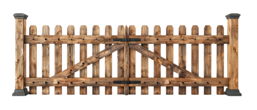 A robust wooden fence and gate with vertical slats and black corner posts, exuding rustic charm