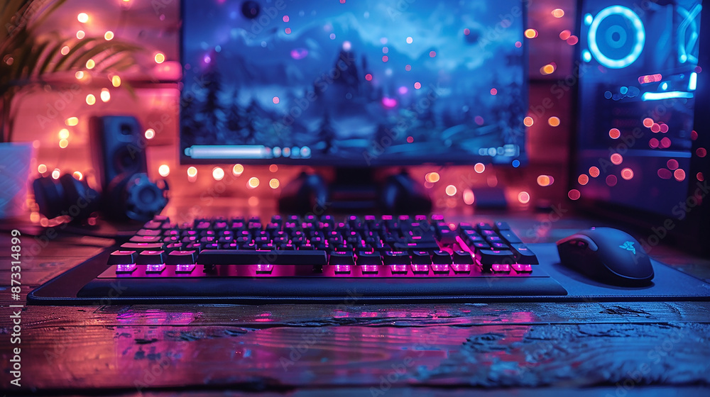 Poster wide flat lay photo of gaming console table image with colorful neon busy room background and a game