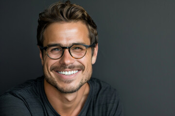 Obraz premium American handsome man smiling, eye glasses isolated on a gray background