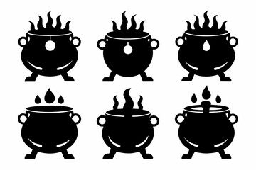 Set of black silhouettes of Halloween witch cauldrons, witch cauldron silhouette vector, witches black cauldron with boiling magic potion isolated on white background
