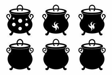 Set of black silhouettes of Halloween witch cauldrons, witch cauldron silhouette vector, witches black cauldron with boiling magic potion isolated on white background

