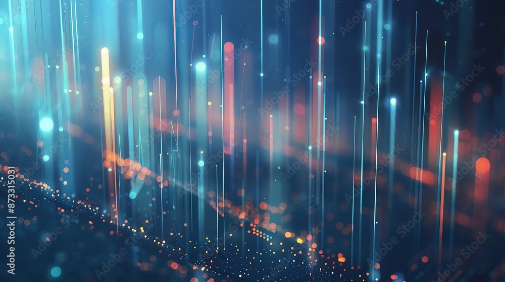 Poster abstract digital landscape with glowing lines and particles, futuristic technology background with v