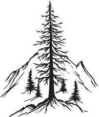 Fototapeta premium Mountain Forest Tree Landscape Silhouette on white background