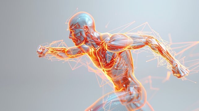 An illustration of a male runner, showing muscles, bones and nervous system.