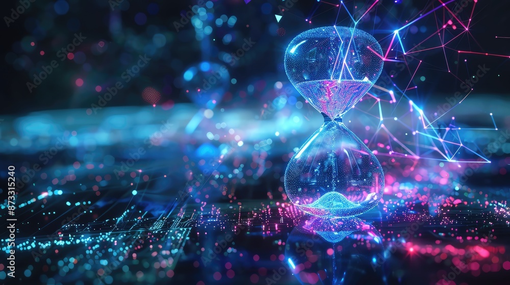 Poster futuristic digital hourglass representing the concept of time. abstract technological background wit