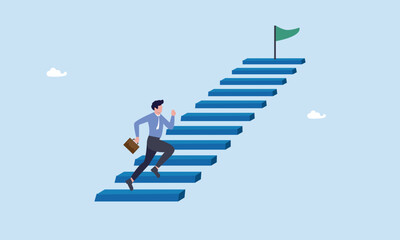 Businessman running up stair to reach goal, stair to success, career path or step to achieve business target, ladder of success, improvement or challenge to reach goal, growth or ambition concept.