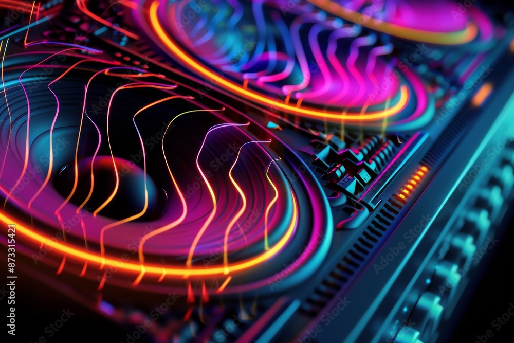 Poster close-up of neon soundwave patterns emanating from sleek subwoofer against black background, creatin