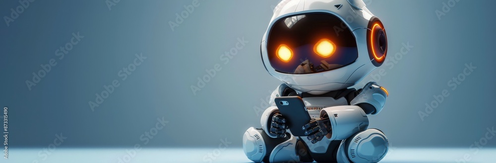 Poster white robot using smartphone with glowing eyes in a blue setting