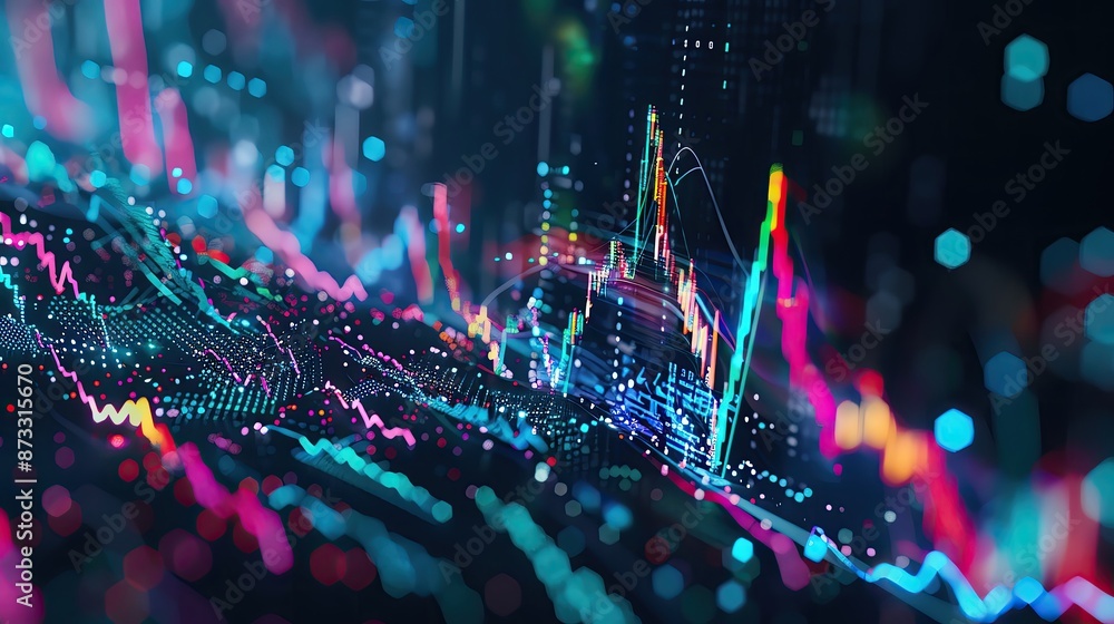 Poster abstract digital data visualization with colorful light trails, representing data analytics, financi