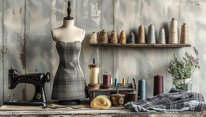 A beautiful dress form and sewing machine sit on a table, surrounded by fabric, measuring tapes, and other sewing tools
