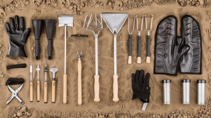 A variety of gardening tools, including gloves, rakes, trowels, and a pair of tongs, laid out on a sandy surface
