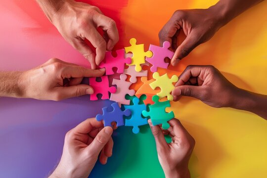 Several hands from different people hold colorful puzzle pieces on a vibrant rainbow background