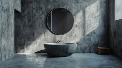 Fototapeta premium Brutalist interior design. Interior of modern bathroom with concrete walls, concrete floor, comfortable bathtub and round mirror. Bold shapes and raw materials.