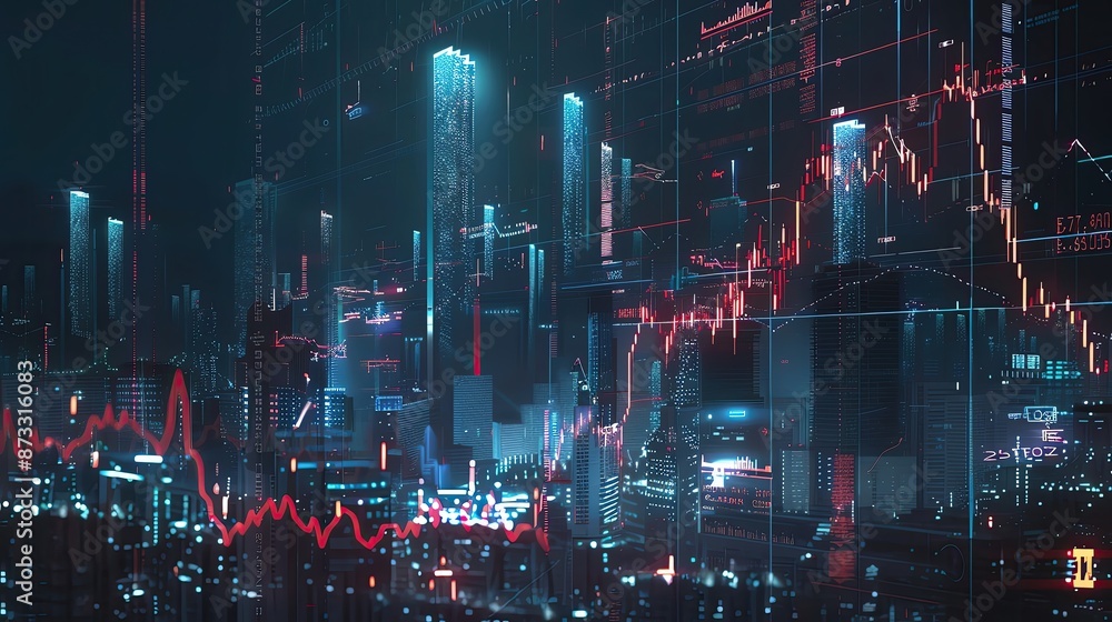 Poster futuristic cityscape with digital graphs and data visualization representing financial markets and t