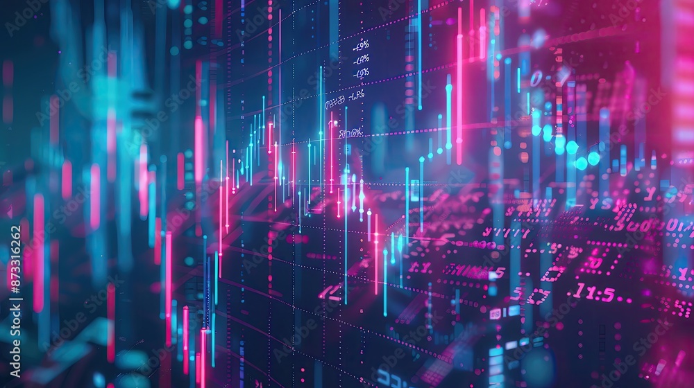 Poster vibrant digital data visualization with glowing graphs and charts, representing financial analytics,