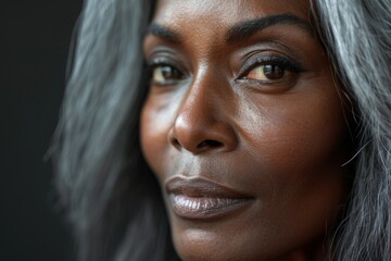 A close-up portrait of a mature African American woman with gray hair. She has radiant, smooth skin and is looking directly at the camera with a confident expression