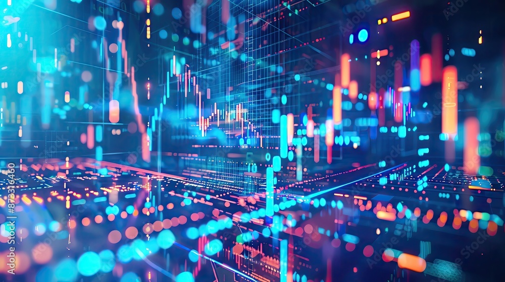 Poster abstract digital landscape with futuristic data streams and graphs. modern tech interface concept sh