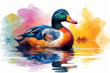 Fototapeta premium Duck floating serenely flat design side view riverbank water color Triadic Color Scheme