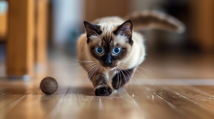 a Siamese cat chasing a toy mouse 