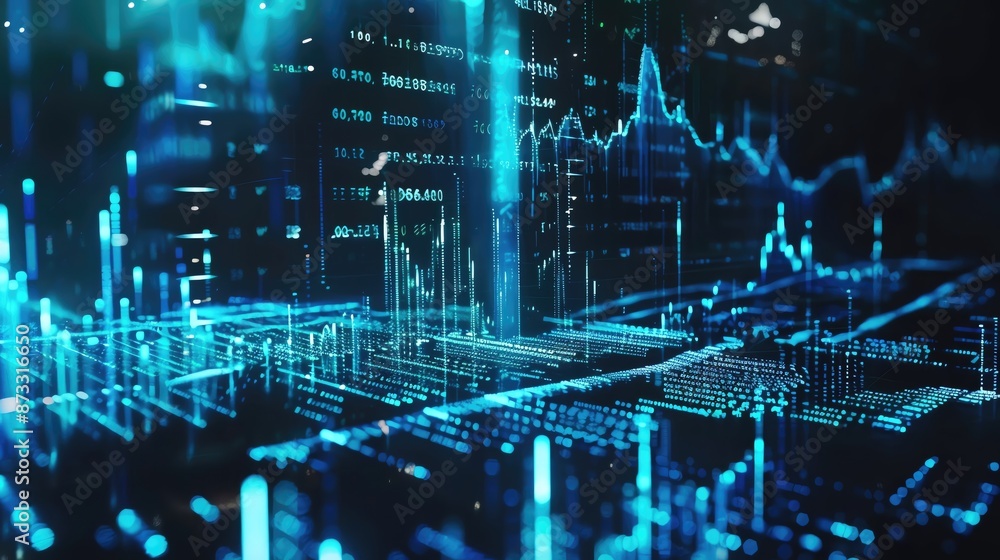 Poster abstract digital data visualization with futuristic graphs and charts in blue light, representing bi