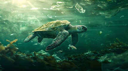 Obraz premium a lone sea turtle swimming through a nuclear polluted ocean