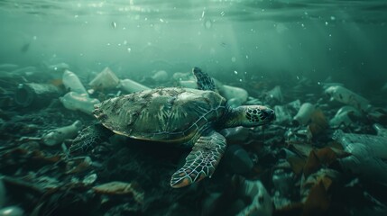 Obraz premium a lone sea turtle swimming through a nuclear polluted ocean