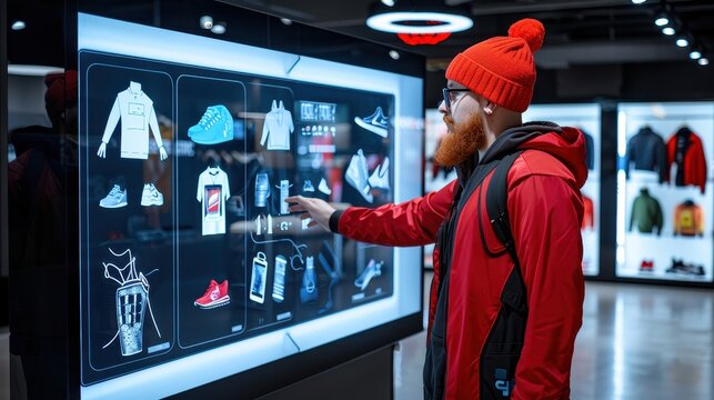 Man using an interactive touchscreen display for shopping at a modern store, wearing red beanie and jacket.