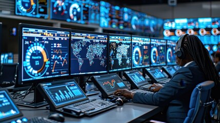 Person at workstation with multiple screens monitoring global data and analytics in a modern control center, representing digital information technology.