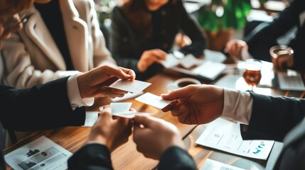 A group of business professionals are exchanging business cards while sitting around a table.
