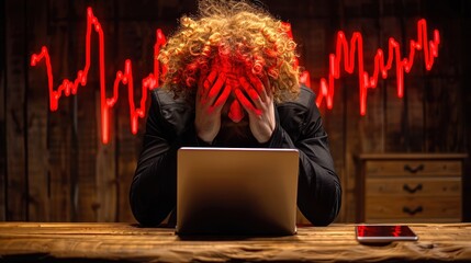 Person stressed with financial market downturn shown by red declining graph, working late at night on laptop, wooden background.