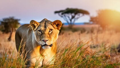 lion female in the grasslands of the game reserve in Southern Africa , generated by AI. High quality photo