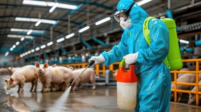 Person in biohazard suit sanitizing a pig barn, ensuring cleanliness and hygiene in a livestock facility, preventing disease spread.