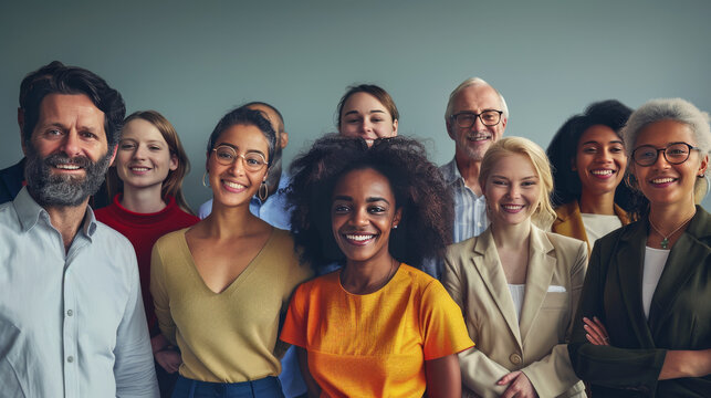A diverse group of employees, showcasing different ages, genders, and ethnicities, emphasizing inclusivity and teamwork. 