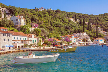 Beautiful Mediterranean landscape. Montenegro, view of Bay of Kotor and Rose town on sunny summer day