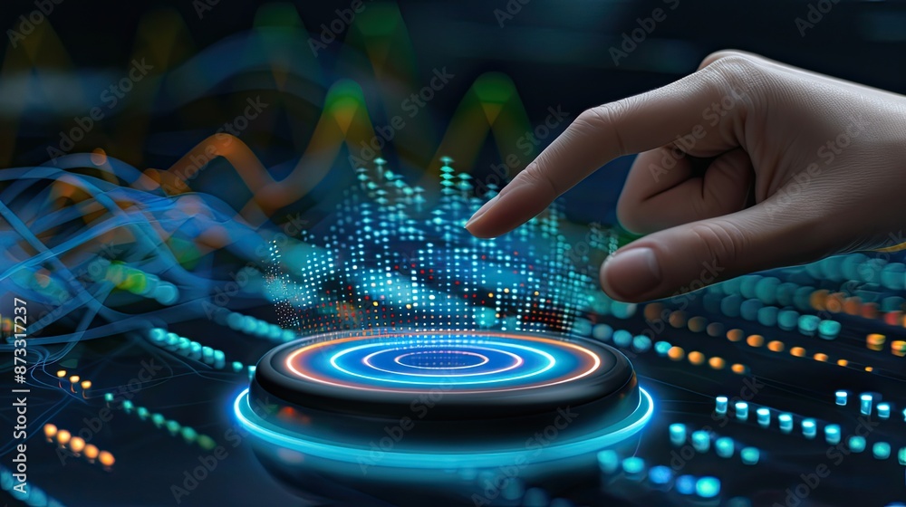 Poster a hand hovers over a digital display, interacting with a glowing circular button surrounded by abstr