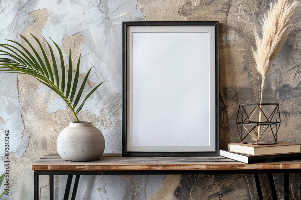 Poster a close-up shot of a sleek black picture frame with a blank canvas resting on a wooden console table
