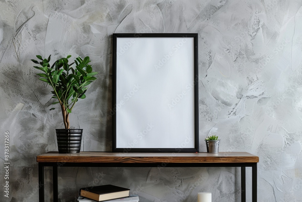 Aufkleber a close-up of a black picture frame with a blank canvas placed on a wooden side table. the table is 