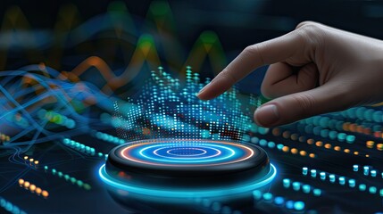 A hand hovers over a digital display, interacting with a glowing circular button surrounded by abstract data visualizations