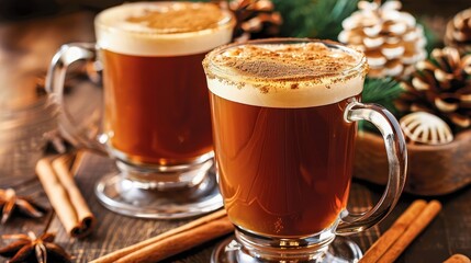 Fototapeta premium Two glasses of spiced hot coffee topped with foam, perfect for holiday season with decorative pine cones and cinnamon sticks.