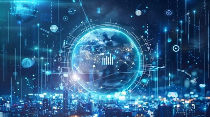 Planet Earth surrounded by a glow of city lights, with business icons like graphs and charts floating around. Style Futuristic. Colors Blue and Silver.