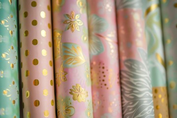 A closeup of birthday wrapping paper rolls with polka dot and floral prints in various colors