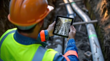 Engineer holding a tablet inspecting the installation of underground pipes in a trench. The scene includes safety gear such as a hard hat and high-visibility vest