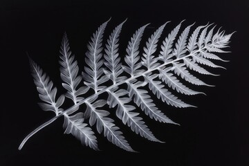 Naklejka premium An x-ray image shows a fern leaf in a close-up, revealing intricate details of its veins and structure