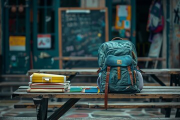 A blue backpack filled with school supplies sits on a wooden picnic table, with books, pencils, and a lunchbox inside