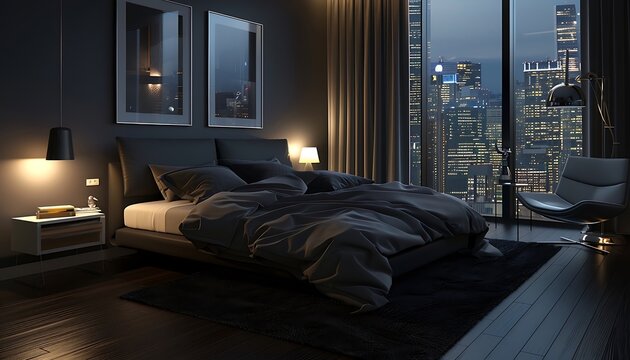 Fototapeta modern bedroom interior, night time, dark gray and navy blue color scheme, black bed with grey comforter, large window overlooking city skyline, wall art of two framed pictures on the walls, 