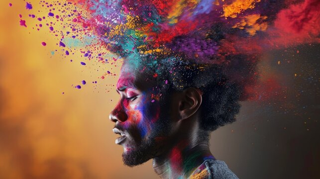 The picture that about the human face with different facial expression with colourful blowing effect near their head that can be portrayed feeling when they received too much the information. AIGX03.
