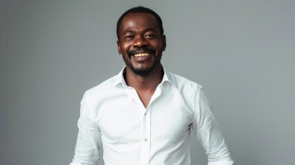 Happy african american man in white shirt posing against gray background, fashion and style concept