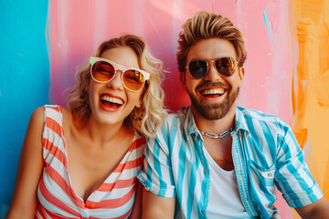 Smiling happy couple in stylish summer outfits and sunglasses against vibrant colorful background joy happiness summer concept